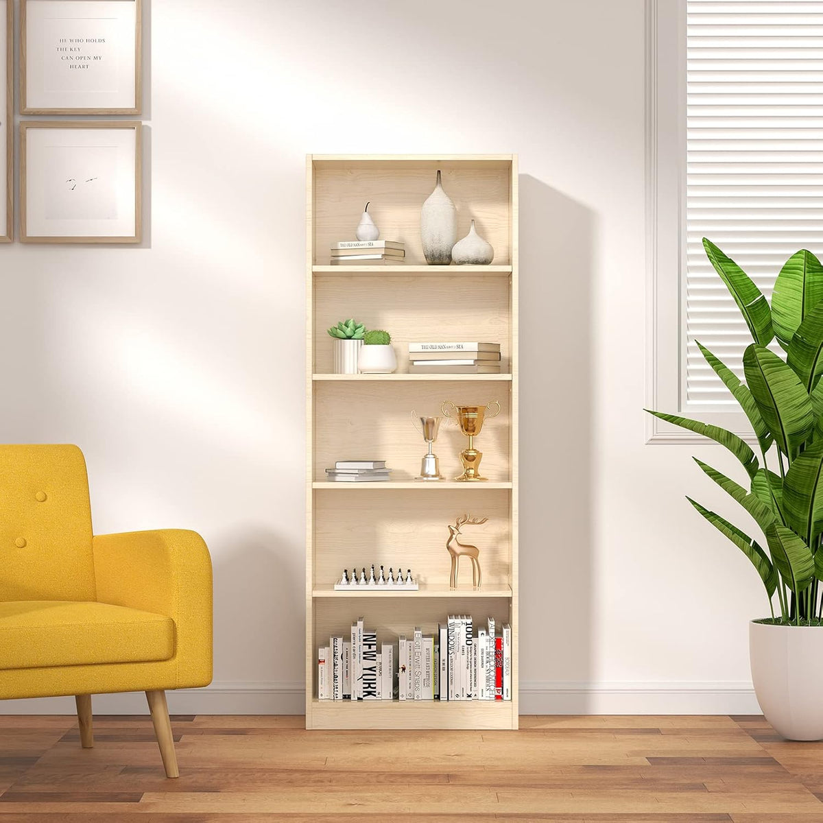 White 5 Tier Bookshelf with 3 Adjustable Shelves G19698