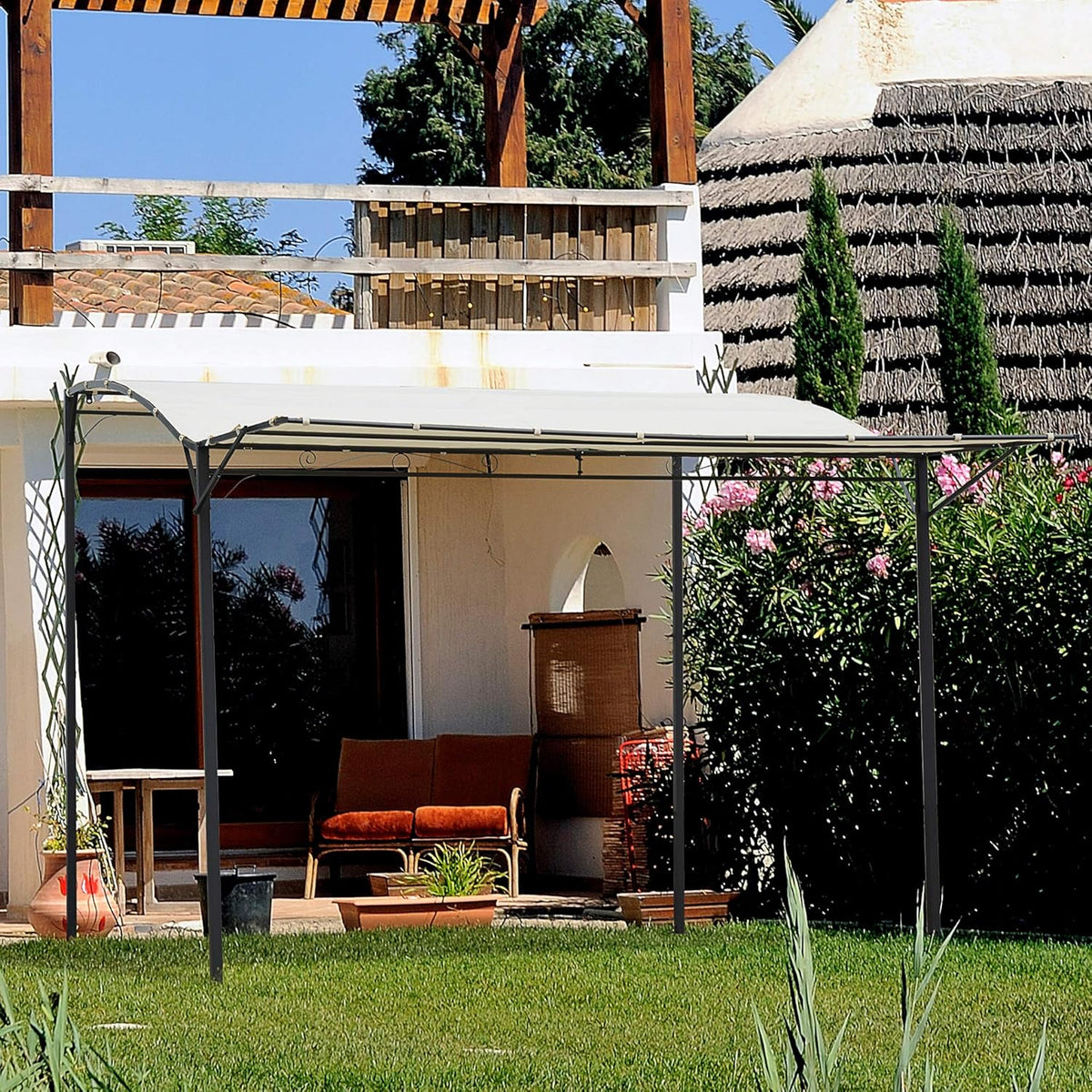 10 x 8ft Beige Metal Pergola with Side Awning F6650