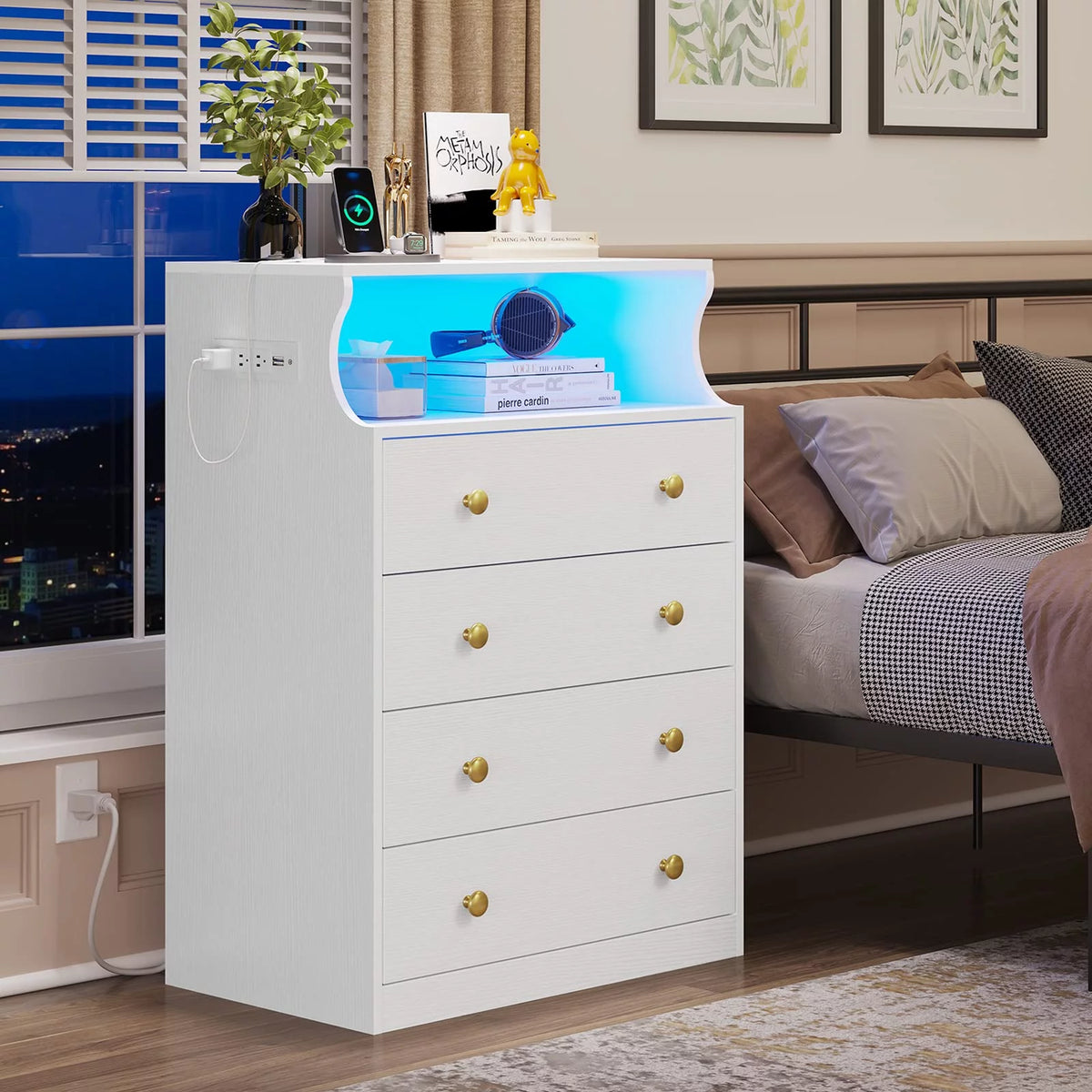Black 4 Drawer Dresser with LED Lights and Charging Station A8695