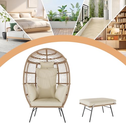 Oversized Grey Wicker Egg Chair with Ottoman I241301