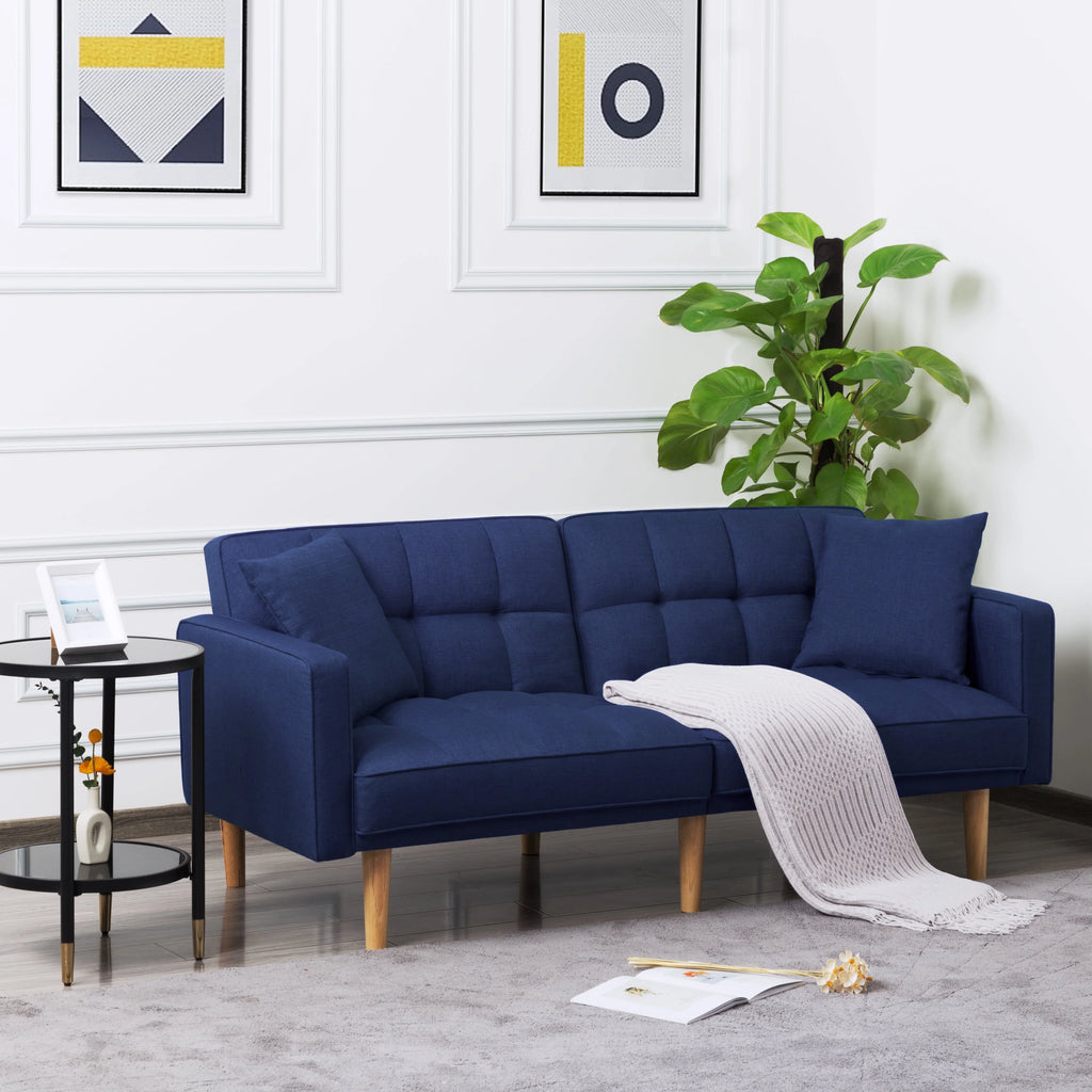 71.3 inch Futon Sofa Bed Convertible Sleeper Couch with 2 Pillows Navy Blue W198