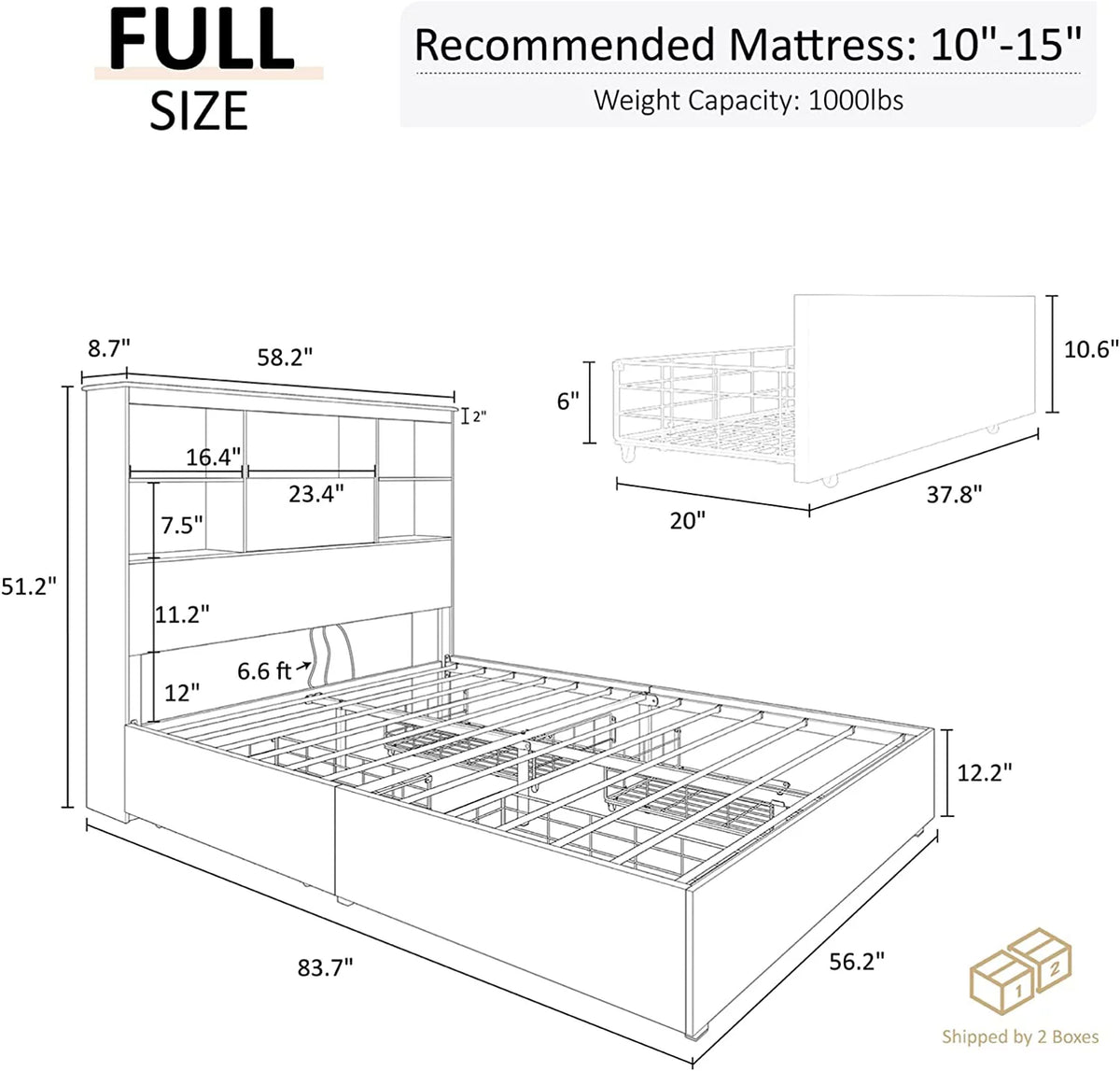 Full Size Wooden Platform Bed with Storage Bookcase Headboard N762