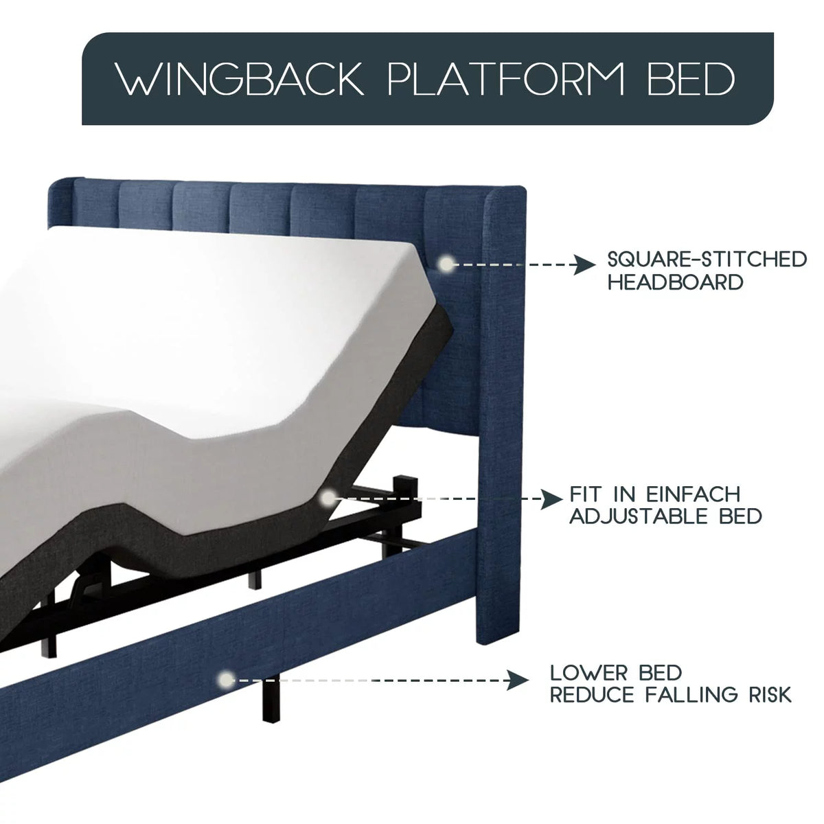 Queen Platform Bed Frame with Upholstered Wingback Linen Fabric Headboard U905