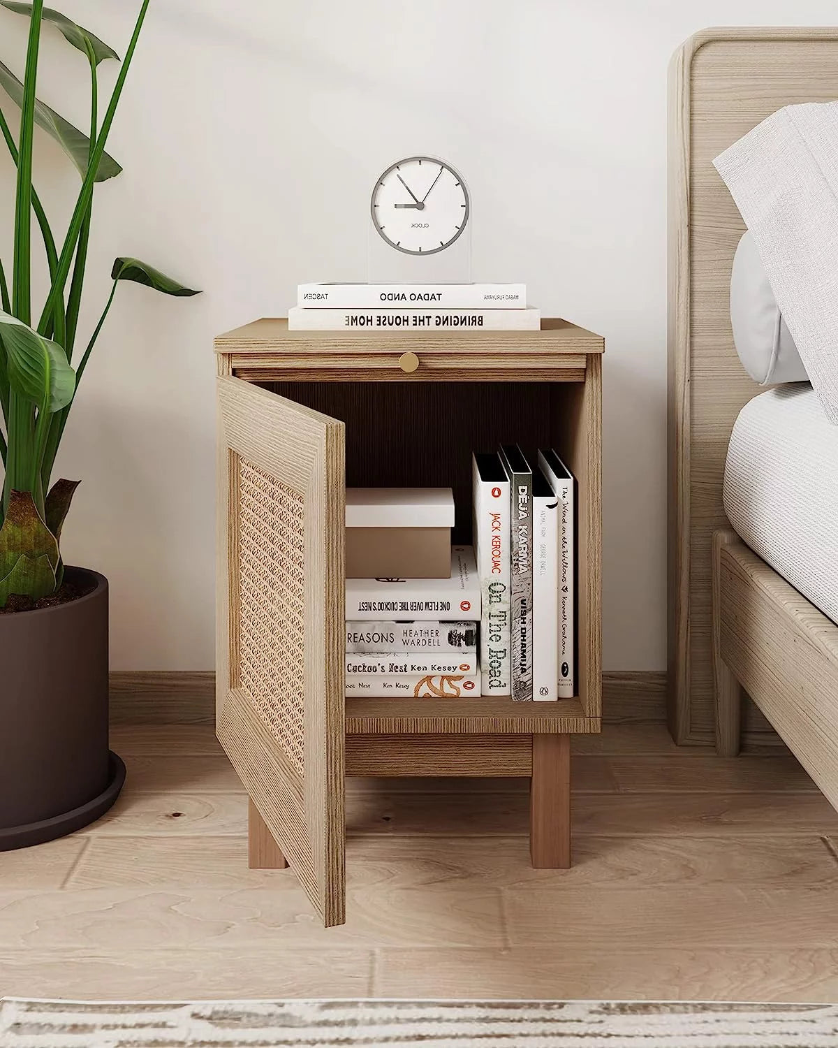 Rattan Nightstand with Solid Wooden Legs S589