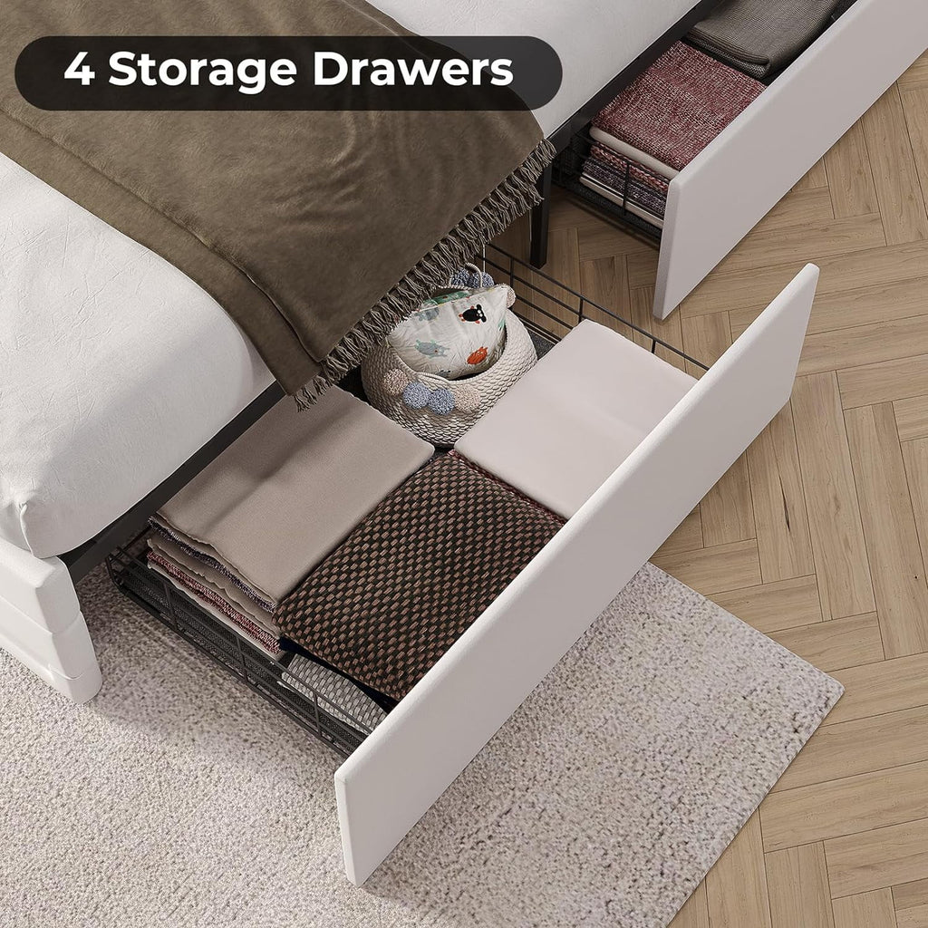 King Bed Frame with Storage Drawers, LED Lights, USB Port, White T703652