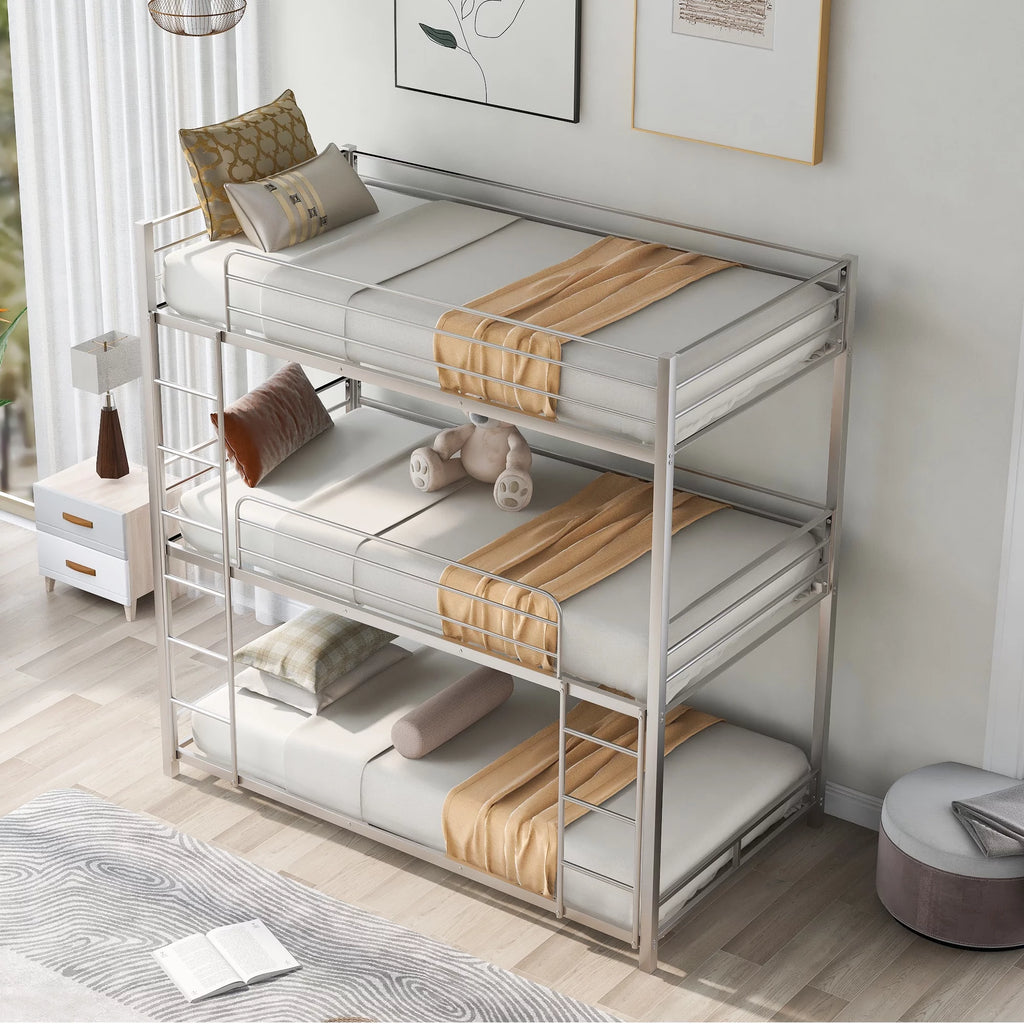 Metal Triple Bunk Bed Twin Over Twin with Ladder and Safety Guardrail E8129