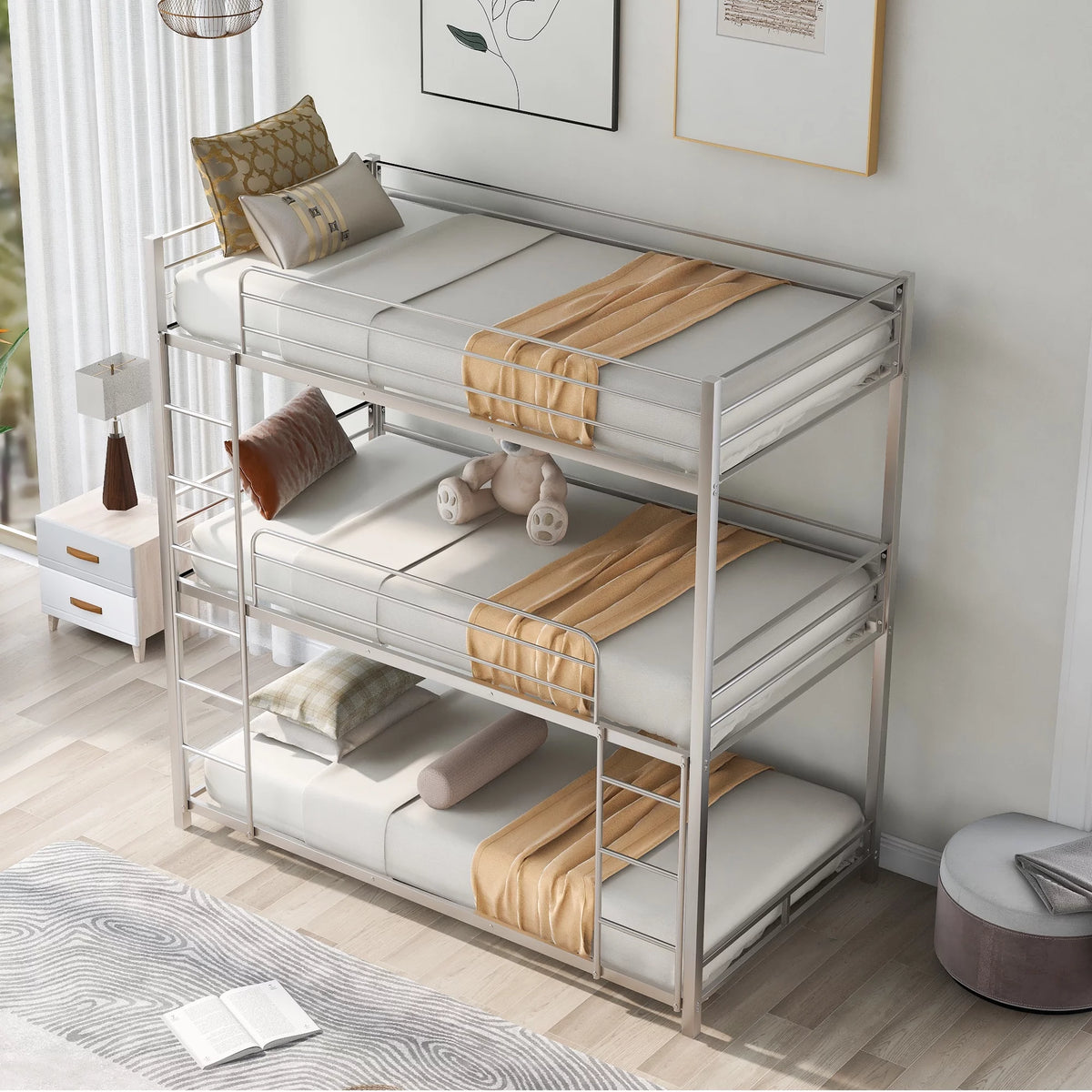 Metal Triple Bunk Bed Twin Over Twin with Ladder and Safety Guardrail E8129