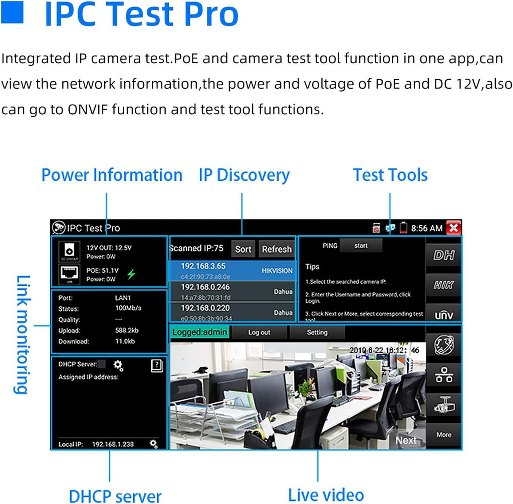 5 Inch IPS Touch Screen IP Camera Tester with PoE WiFi I299