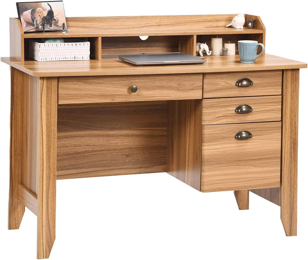 White Oak Computer Desk with Drawers and Hutch Shelf B487