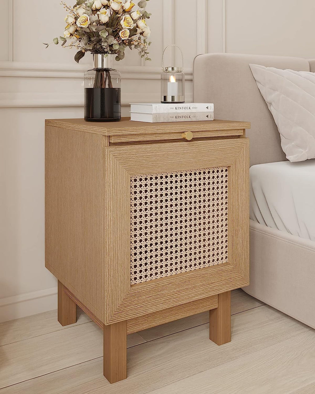 Rattan Nightstand with Solid Wooden Legs S589