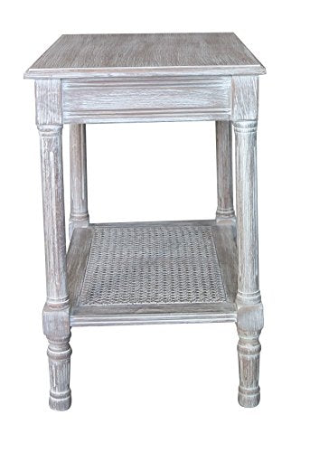 Vintage Grey Side Table with Rattan Shelf M2911