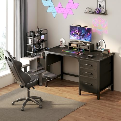 White 55 Inch Computer Desk with Fabric File Drawers Cabinet Y59845