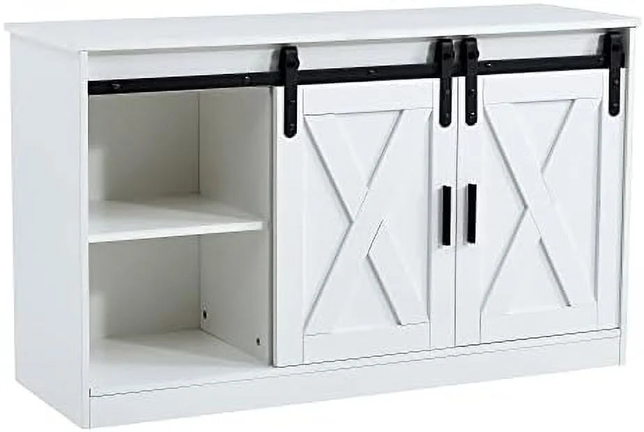 47 Inch White Farmhouse TV Stand with Sliding Barn Door U667