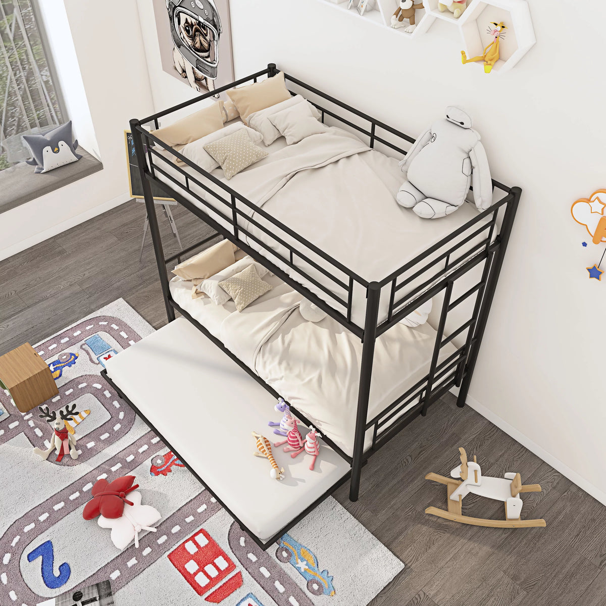 Twin Over Twin Metal Bunk Bed Frame with Trundle P274926
