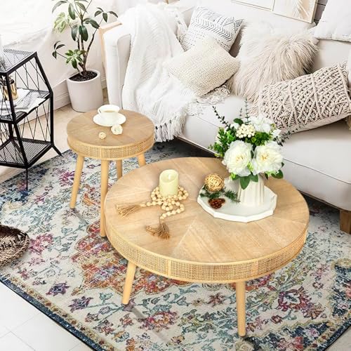 2-Piece Solid Wood Rattan Coffee Table Set Q16321