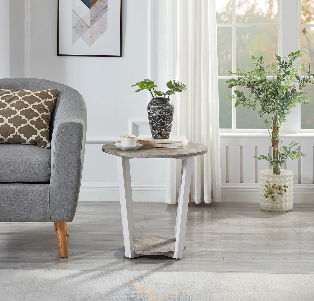 Gray Round End Table with Shelf X7345