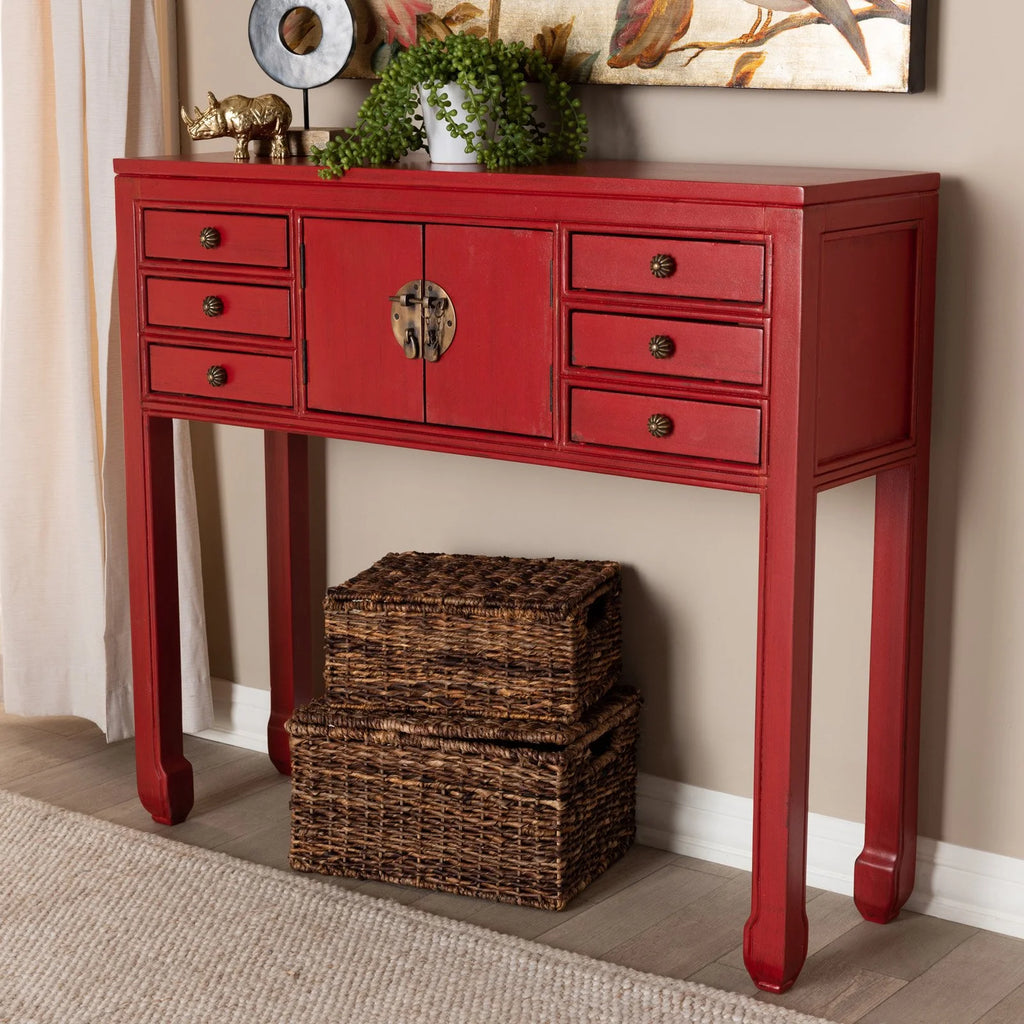 Antique Red 6-Drawer Wood Console Table Y612294