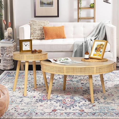 2-Piece Solid Wood Rattan Coffee Table Set Q16321