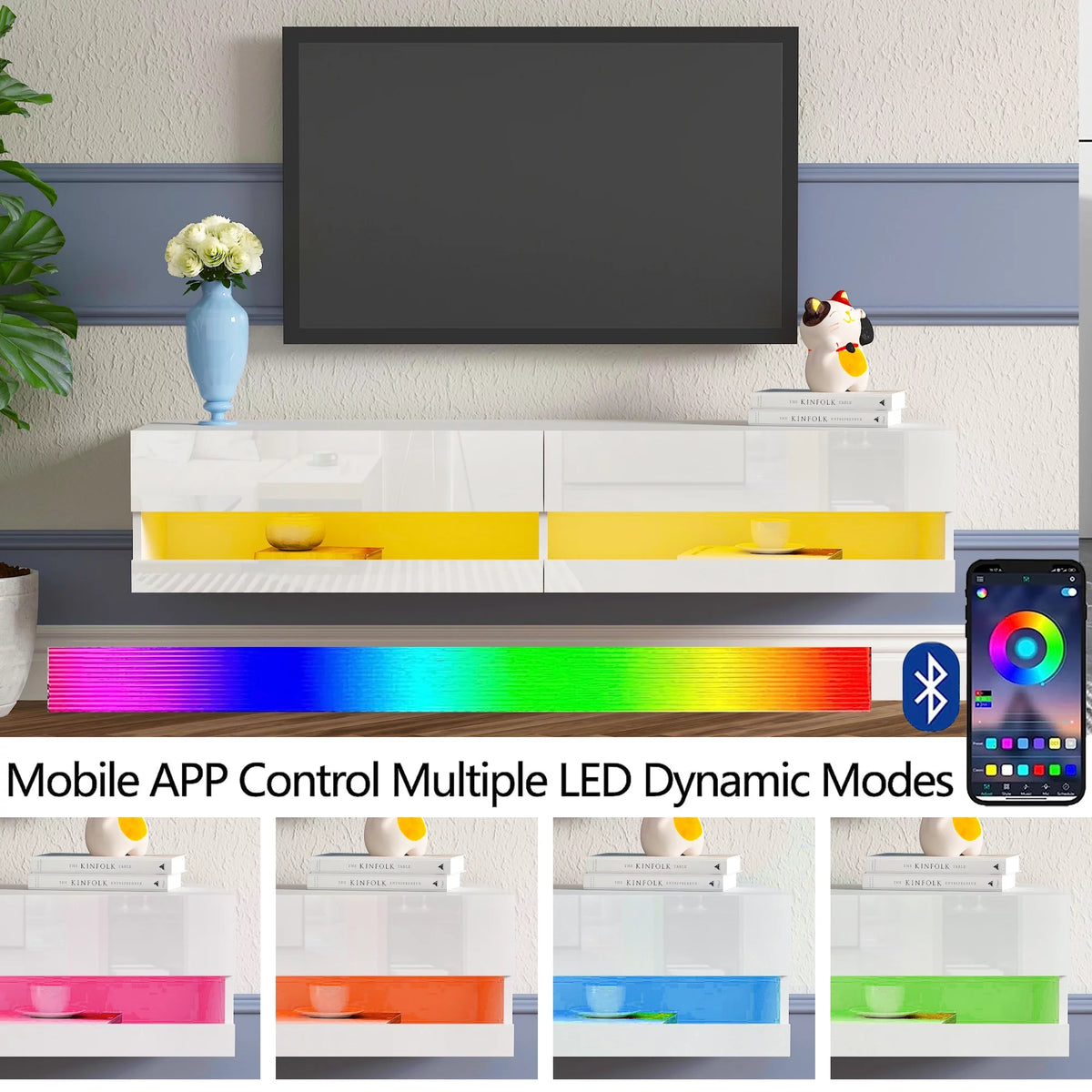 White High Gloss Wall Mounted TV Stand with LED Lights I436