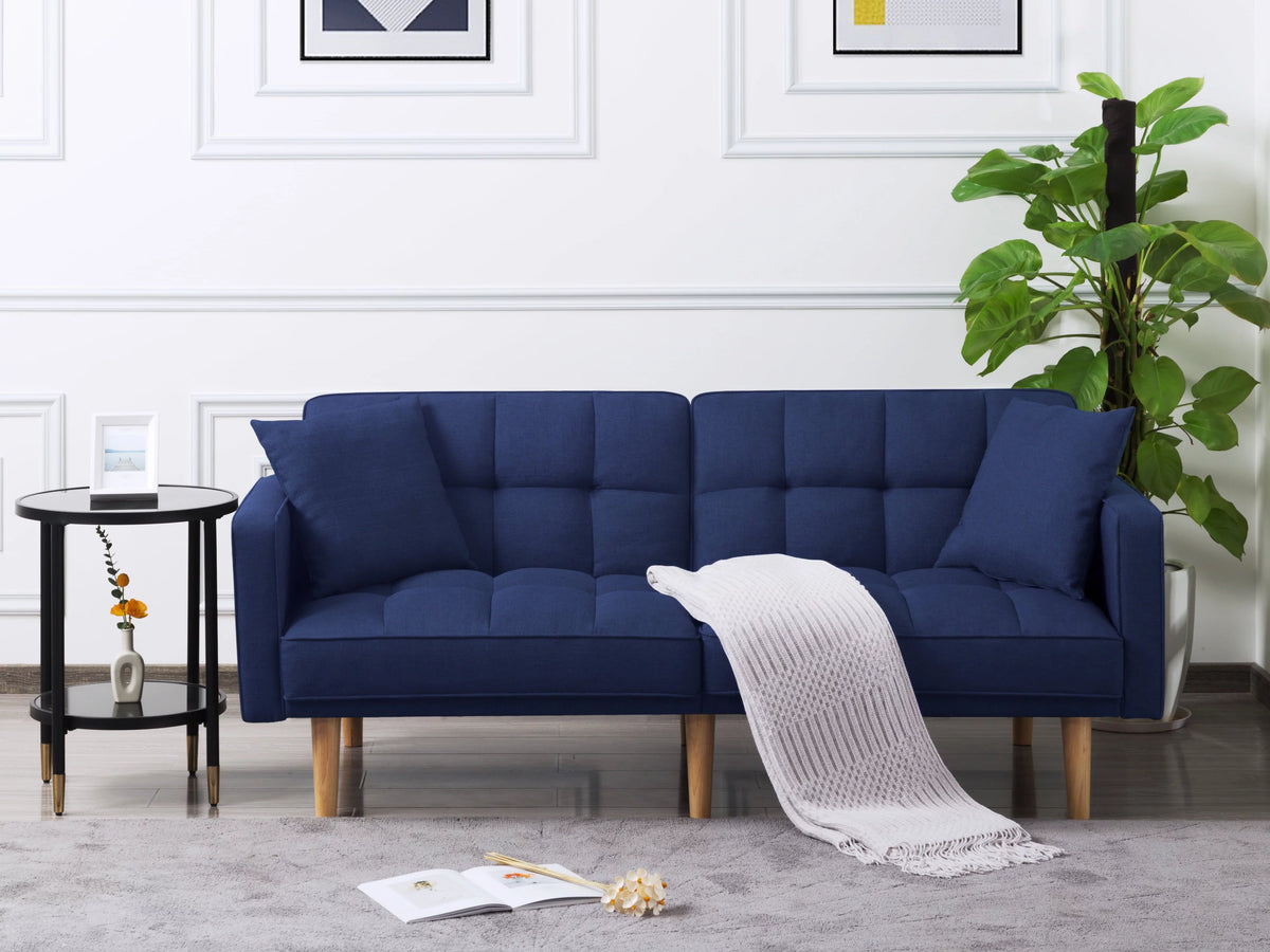 71.3 inch Futon Sofa Bed Convertible Sleeper Couch with 2 Pillows Navy Blue W198