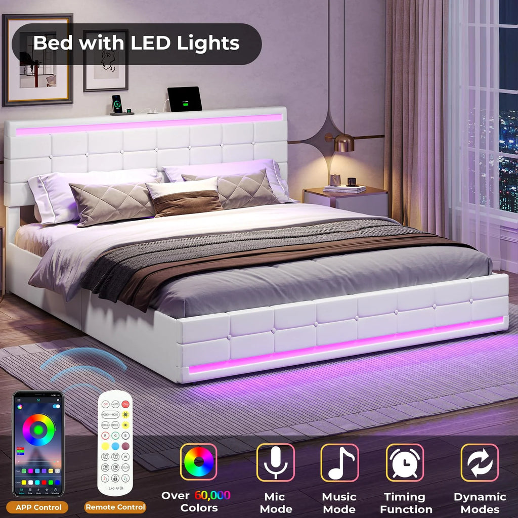 King Bed Frame with Storage Drawers, LED Lights, USB Port, White T703652