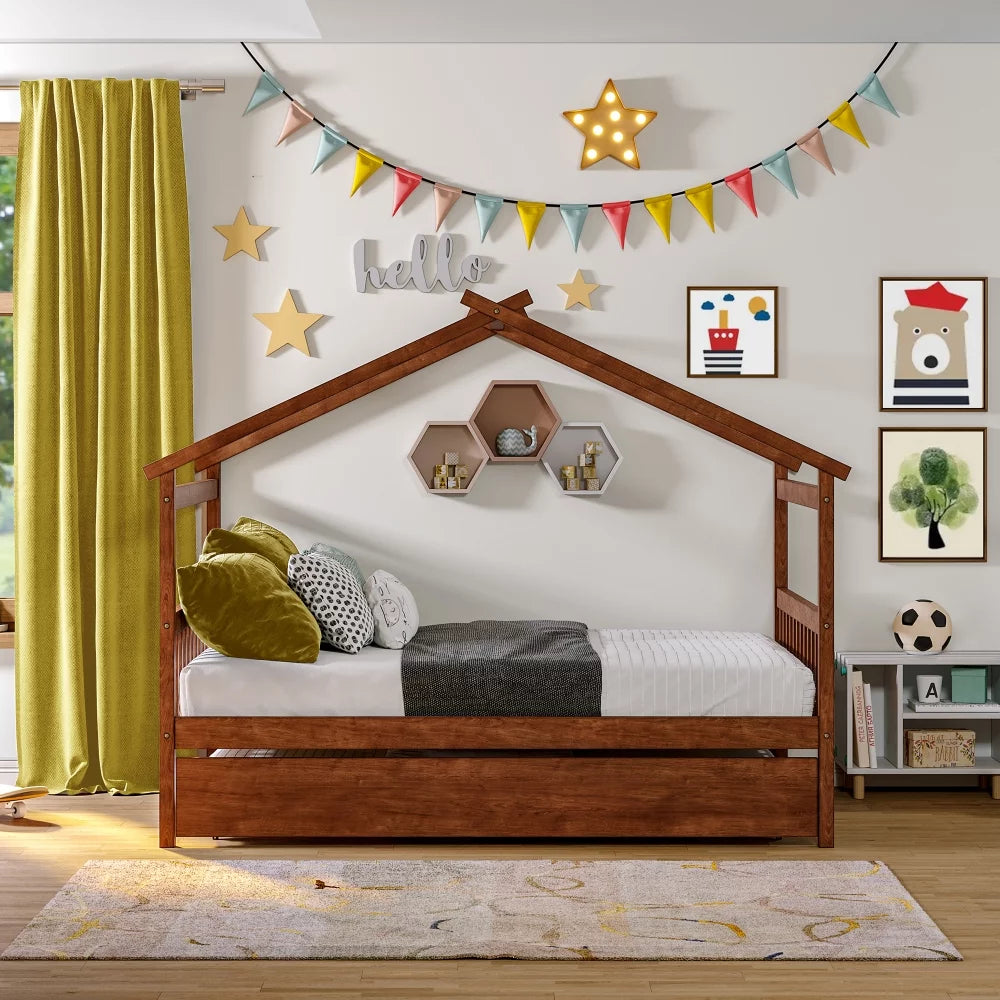 White Twin Size Solid Wood House Bed with Trundle F529