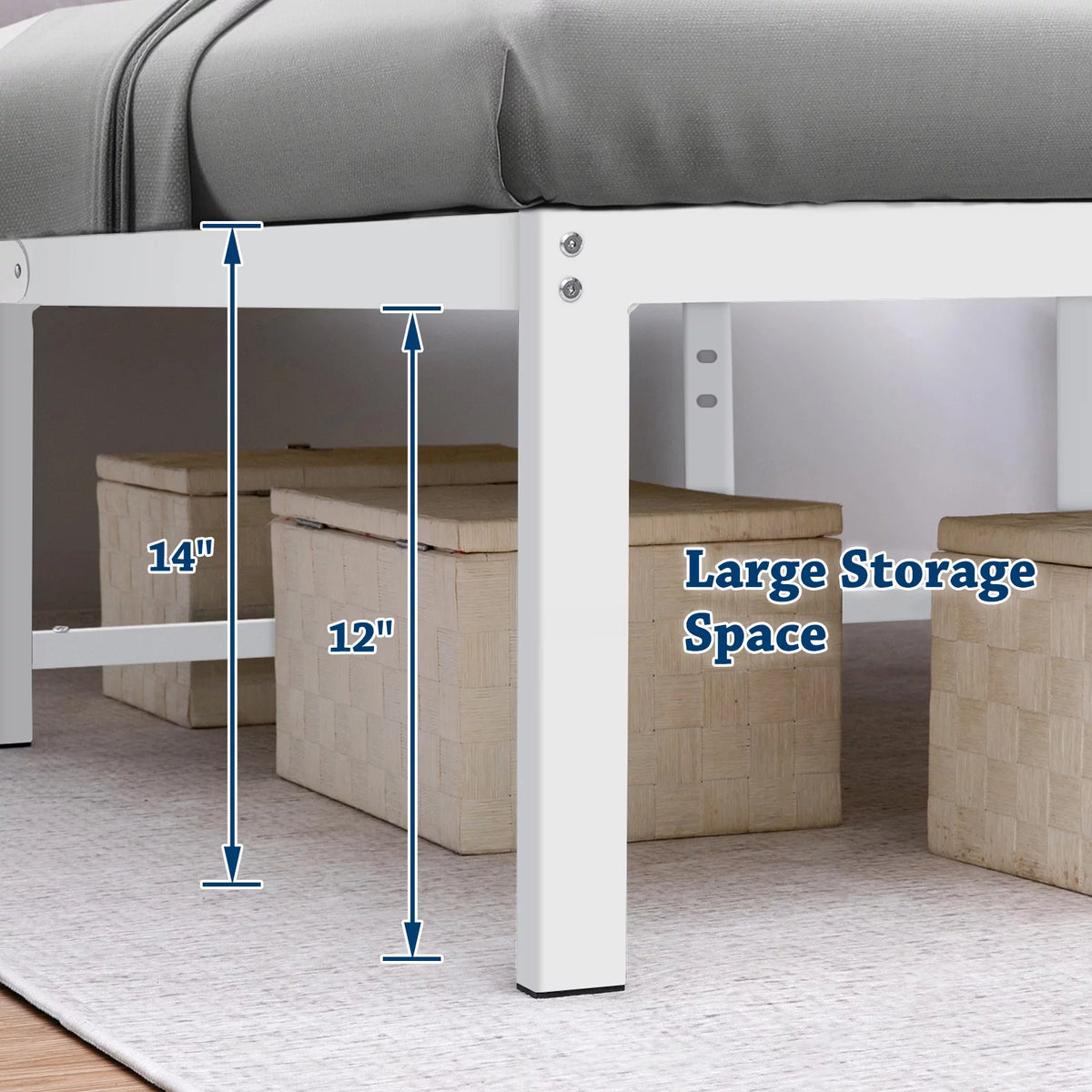 White 14 Inch Metal Platform Bed Frame with Under Bed Storage B754