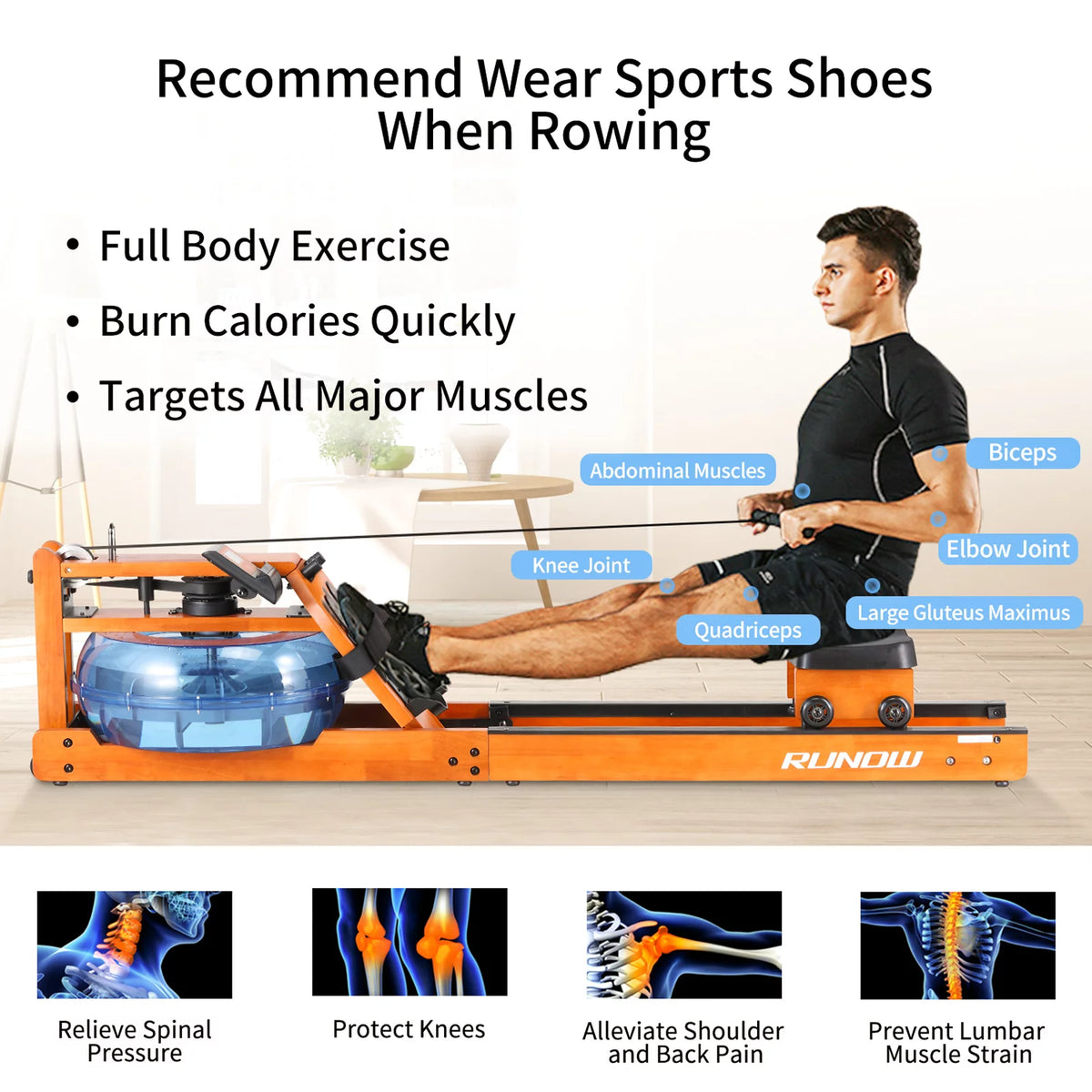 Water Rowing Machine with LCD Monitor 350 LB Wood Rower L6263