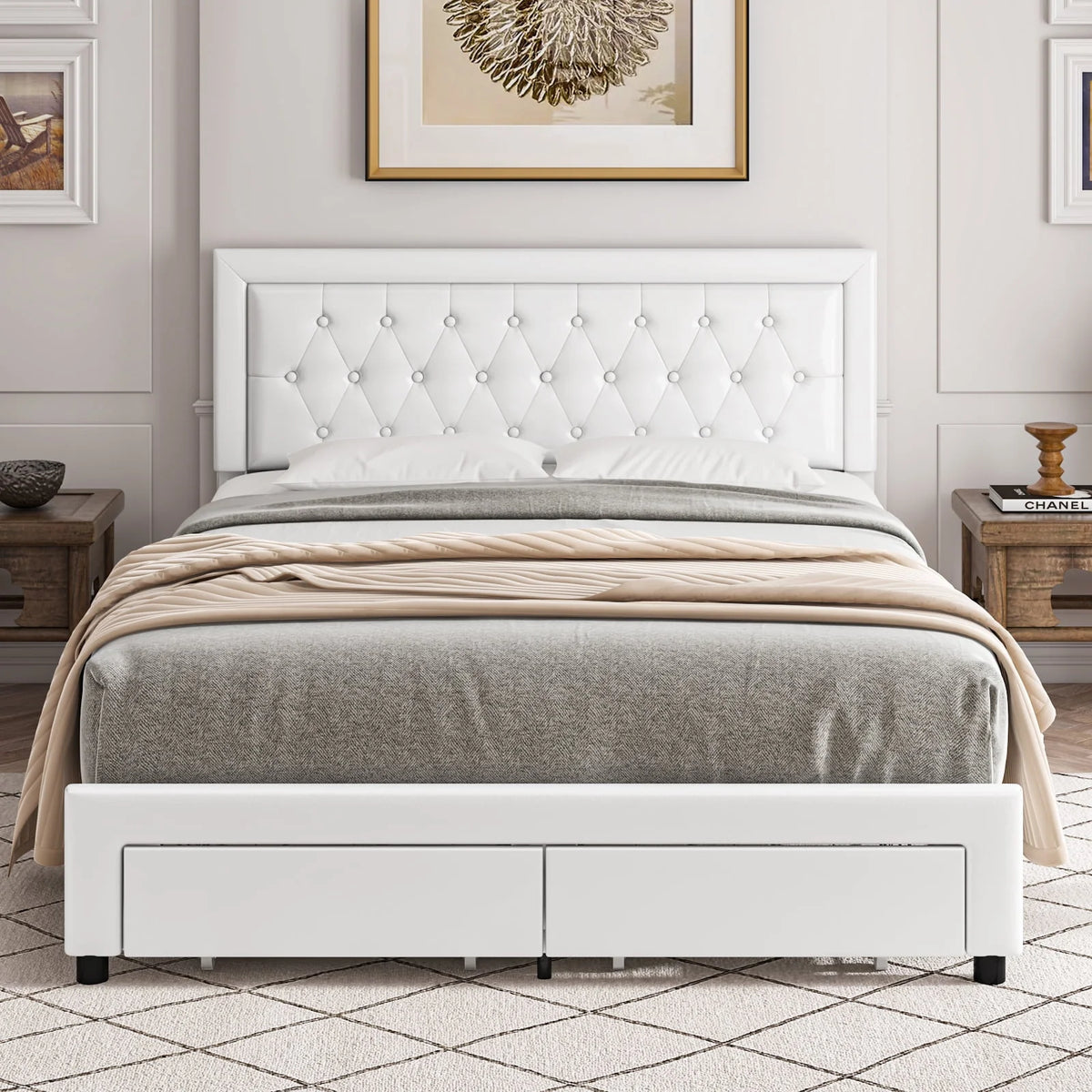 Queen Size 2 Drawers PU Leather Upholstered Platform Bed O5682