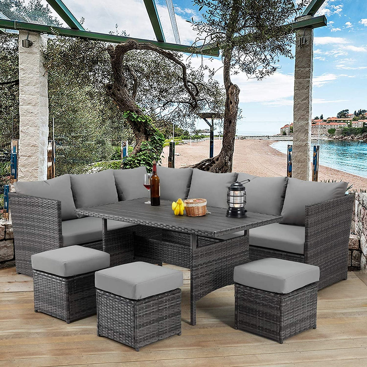 7 Piece Outdoor Sectional Sofa Rattan Wicker Dining Furniture I915401
