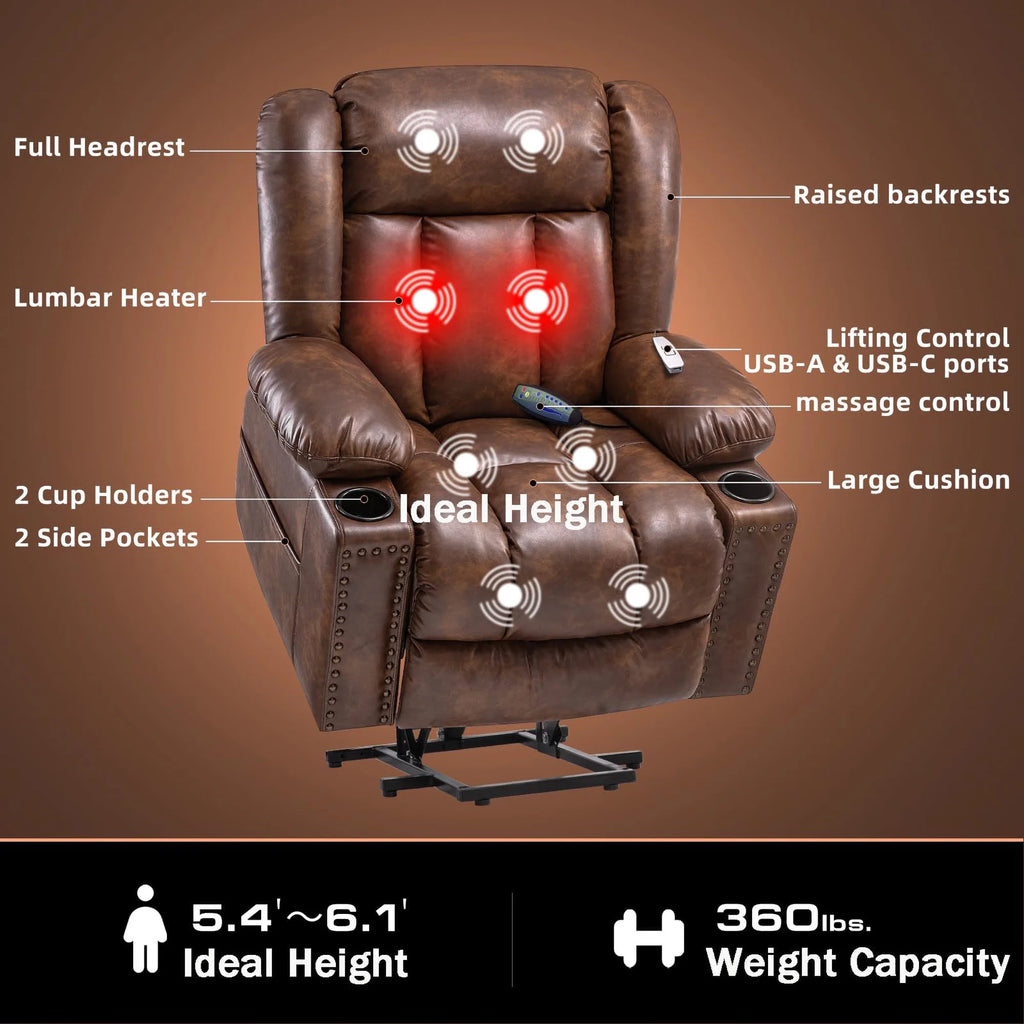 Brown Wide Breathable Leather Power Lift Recliner with Massage and Heat N131