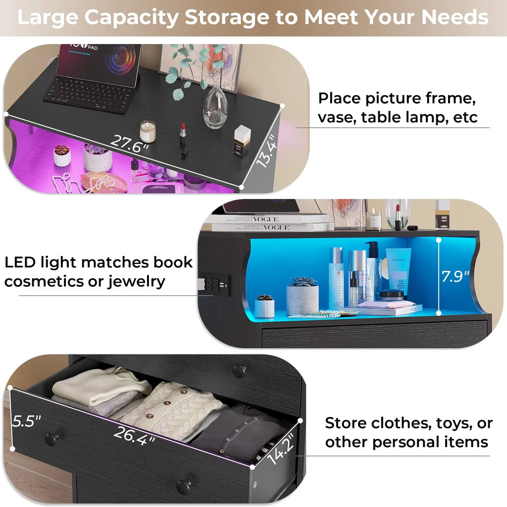 Black 4 Drawer Dresser with LED Lights and Charging Station A8695