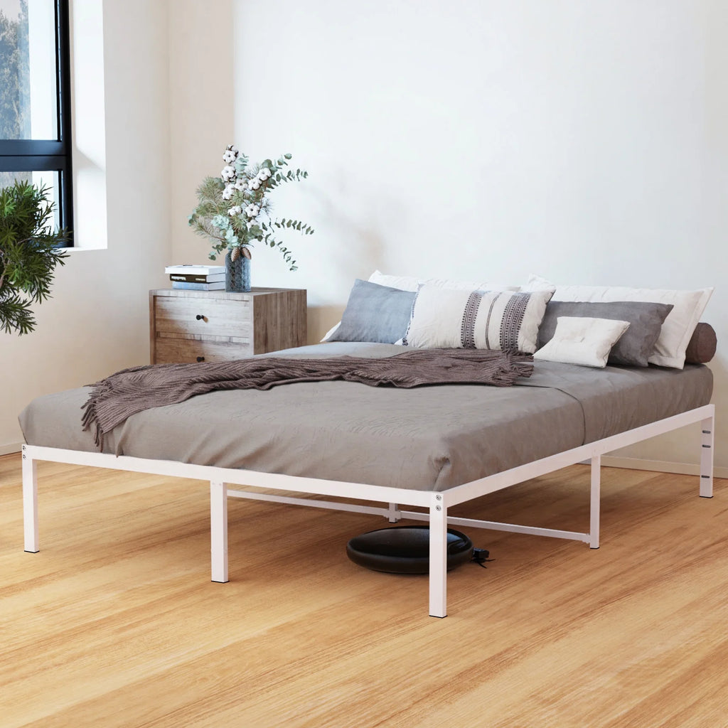 White 14 Inch Metal Platform Bed Frame with Under Bed Storage B754
