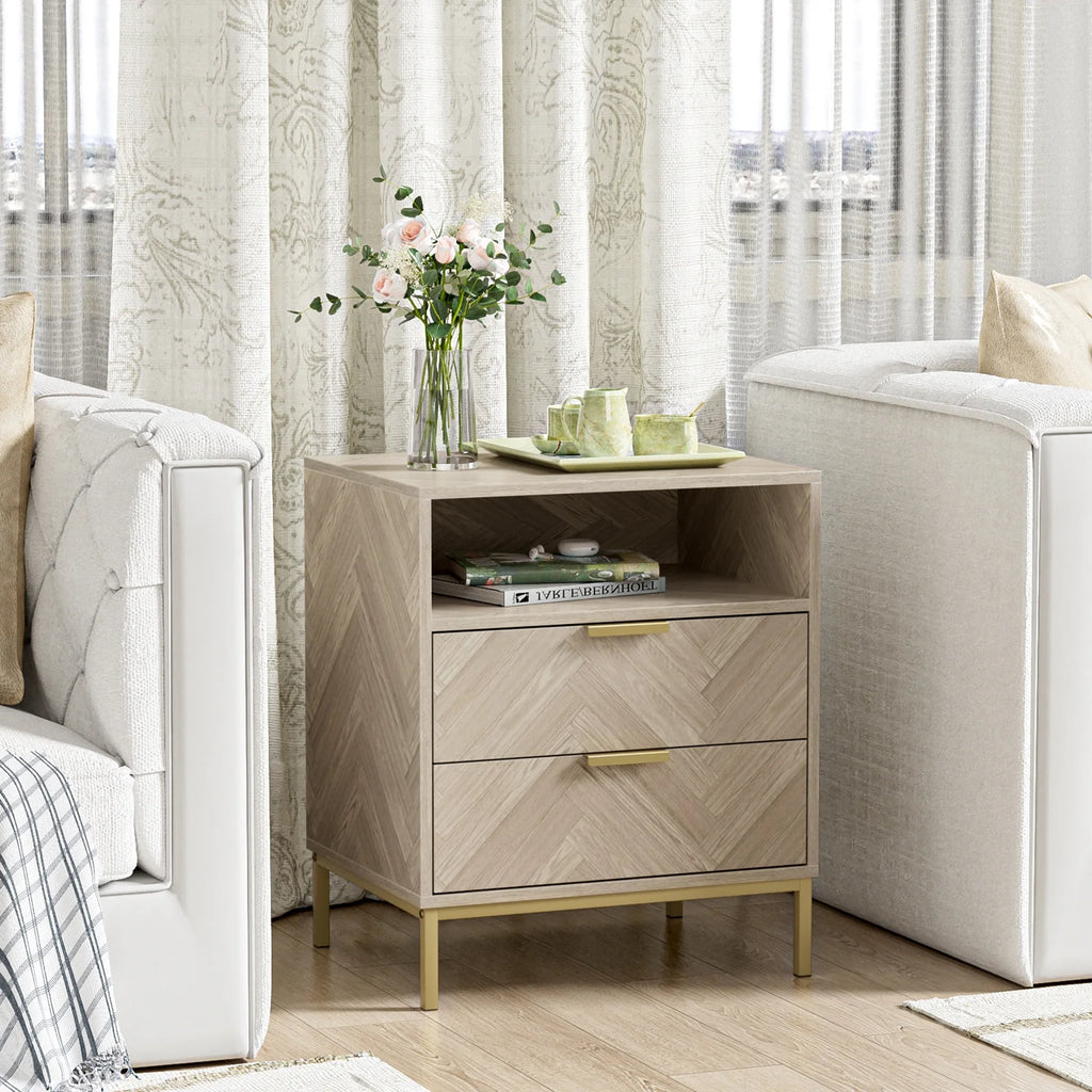 Oak 2 Drawer Wood Nightstand with Open Shelf A89595