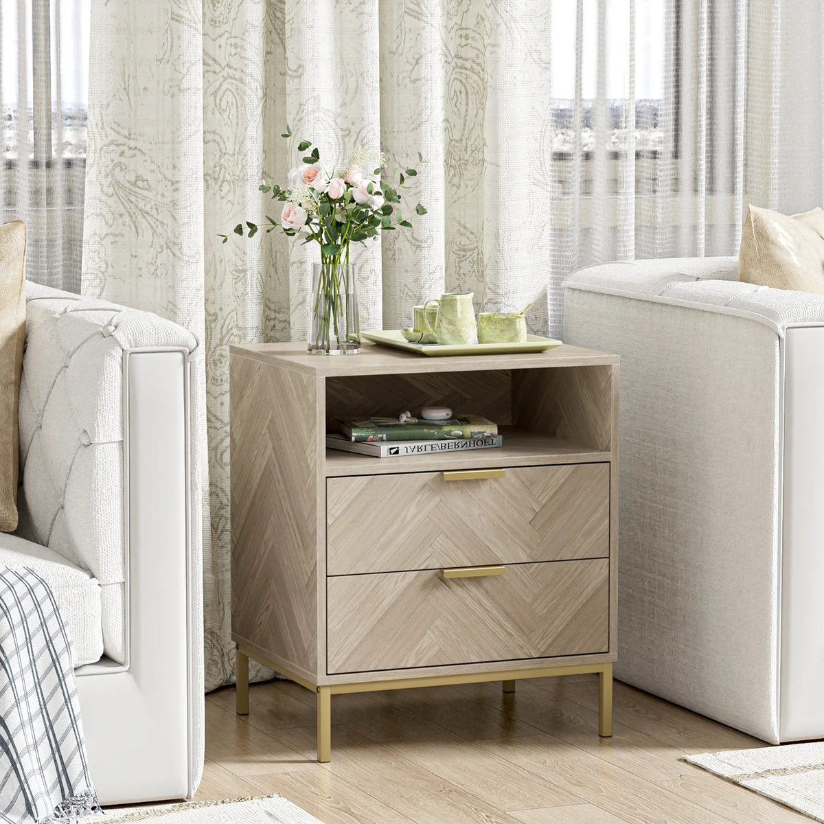 Oak 2 Drawer Wood Nightstand with Open Shelf A89595