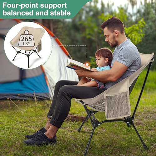 Lightweight Adjustable Folding Camping Chairs with Carry Bag and Side Pockets (Khaki) S1460