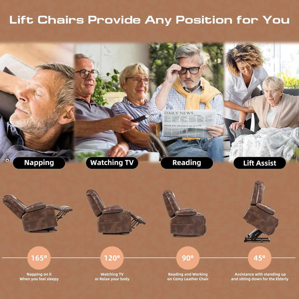 Brown Wide Breathable Leather Power Lift Recliner with Massage and Heat N131