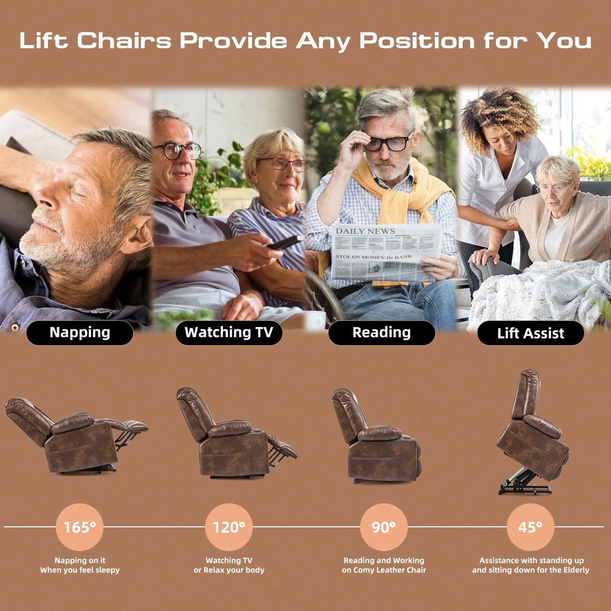 Brown Wide Breathable Leather Power Lift Recliner with Massage and Heat N131