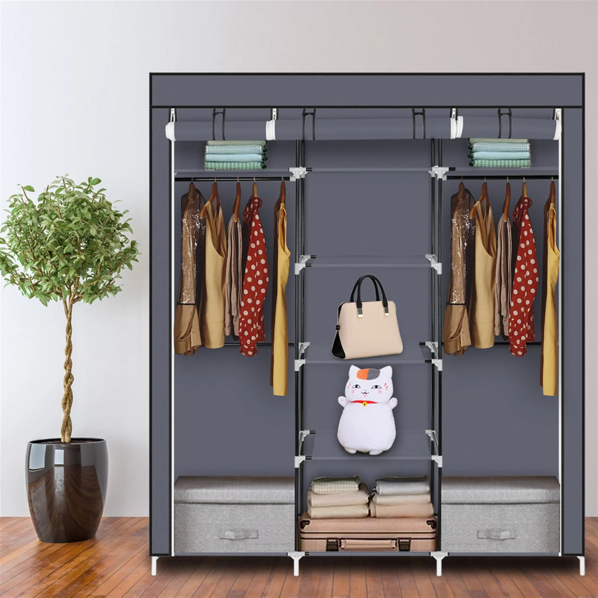 69 Inch 5 Tier Portable Closet Wardrobe with 9 Storage Shelves Gray K183