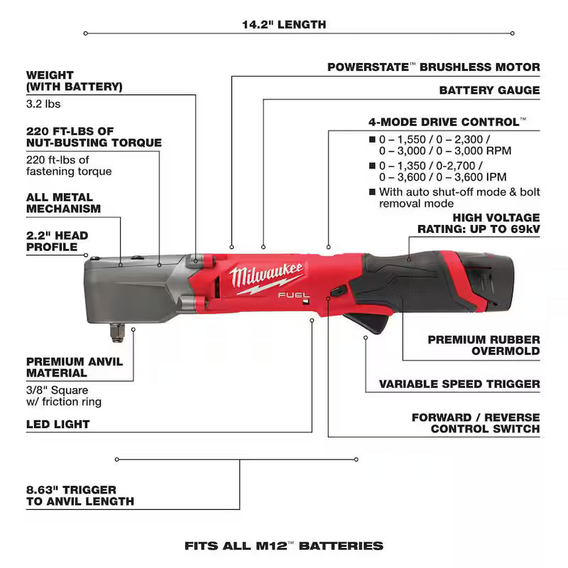 12V Lithium-Ion Brushless Cordless 3/8 in. Right Angle Impact Wrench Kit with Two 2.0 Ah Batteries W574401