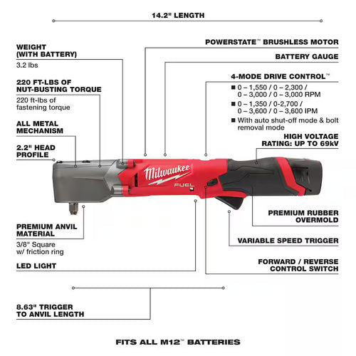 12V Lithium-Ion Brushless Cordless 3/8 in. Right Angle Impact Wrench Kit with Two 2.0 Ah Batteries W574401