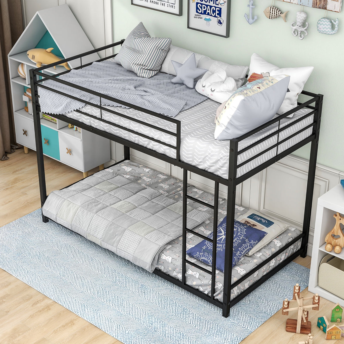 Black Twin Over Twin Metal Bunk Bed with Ladder and Safety Guardrails P97107