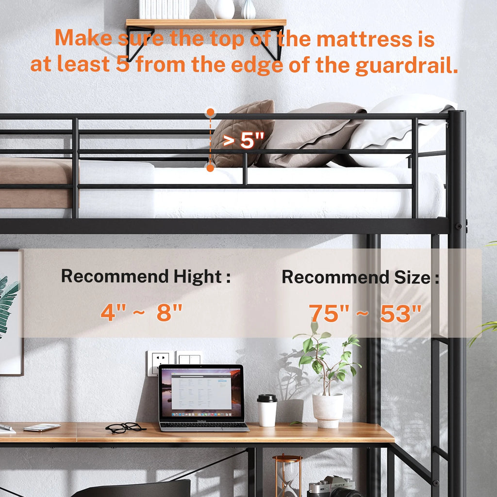 Black Twin Metal Loft Bed with Desk and 4 Shelves M286507