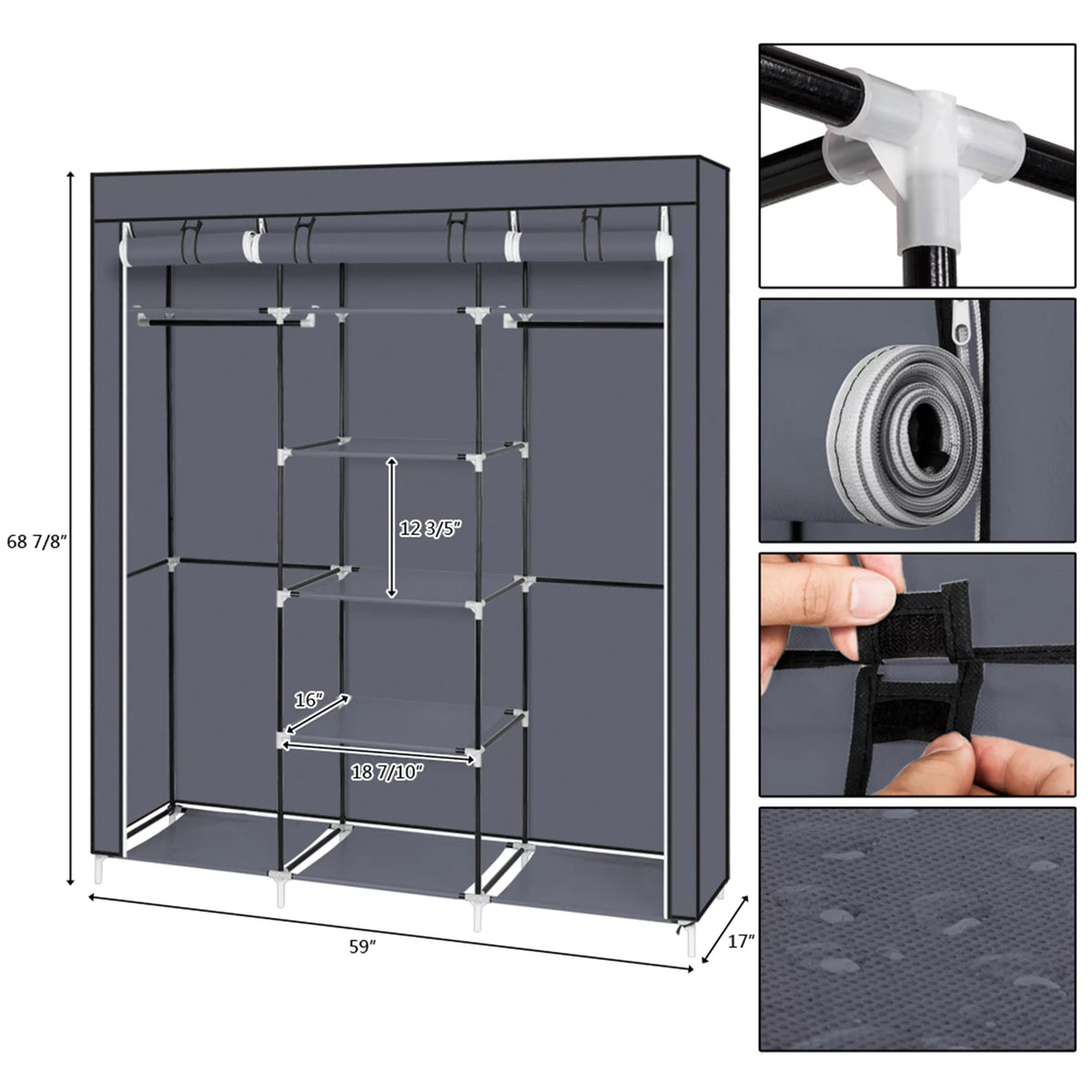 69 Inch 5 Tier Portable Closet Wardrobe with 9 Storage Shelves Gray K183