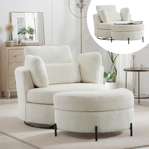 42.2" Oversized Chenille Beige Swivel Barrel Chair Q752