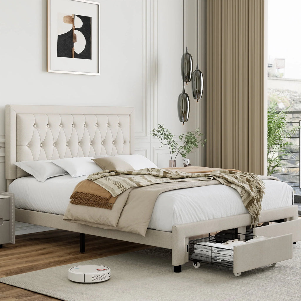 Queen Size 2 Drawers PU Leather Upholstered Platform Bed O5682