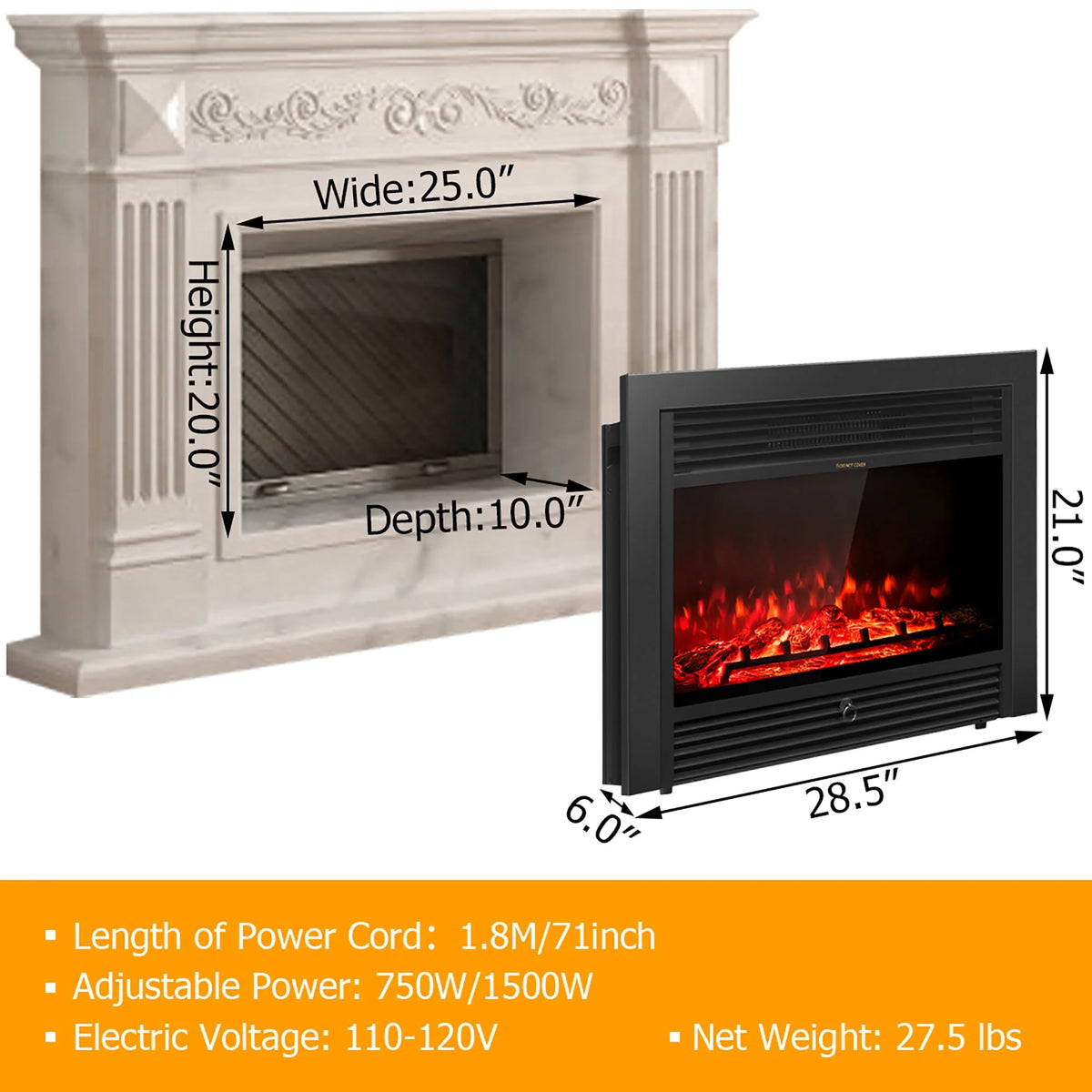 28.5 Electric Fireplace Insert Heater with Remote Y1681