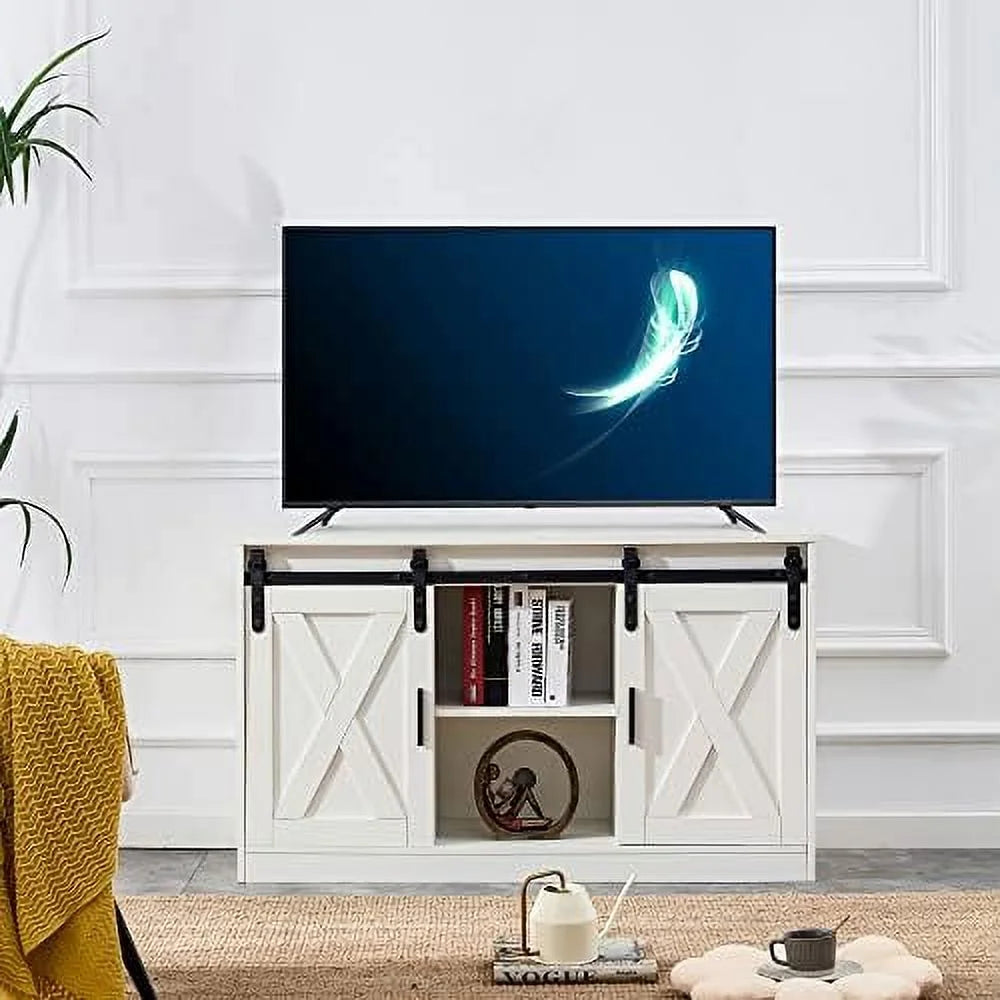 47 Inch White Farmhouse TV Stand with Sliding Barn Door U667