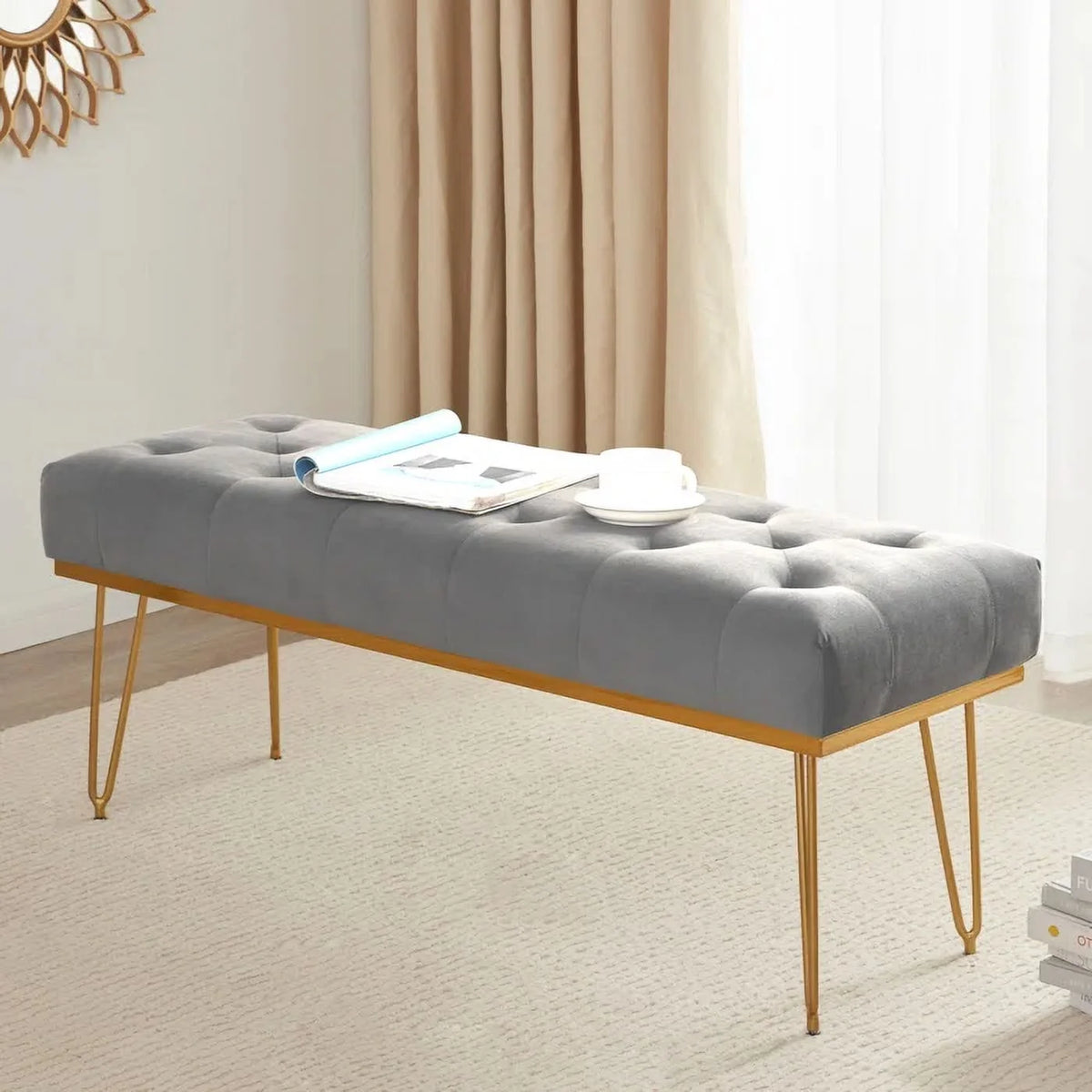 Gray and Golden Velvet Ottoman with Metal Base N241