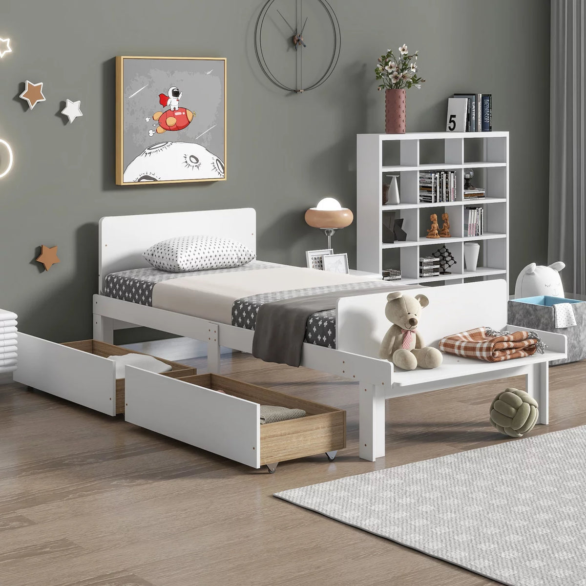 White Twin Size Wood Platform Bed Frame with 2 Storage Drawers F418